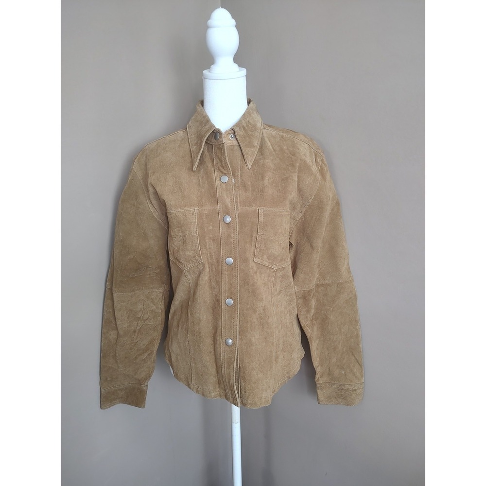 JouJou Tan Suede Leather Shirt Jacket Women Medium Camel Snap Front‎ Shacket